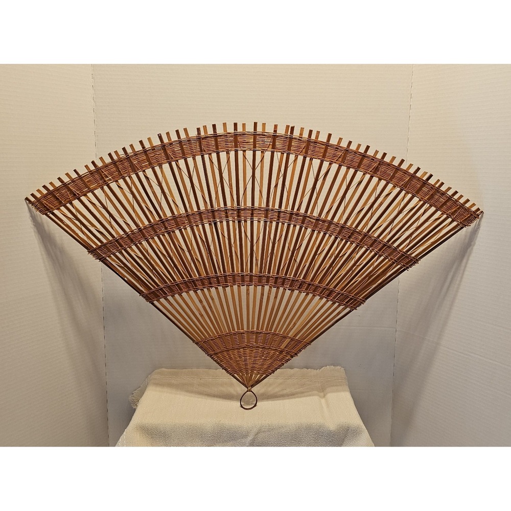 Vintage Decorative Bamboo Fan Semicircular Shape Slatted Design MCM 29"x18.5"